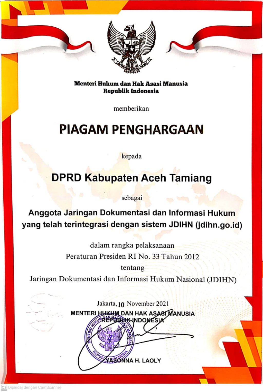 Piagam Penghargaan DPRK Aceh Tamiang
